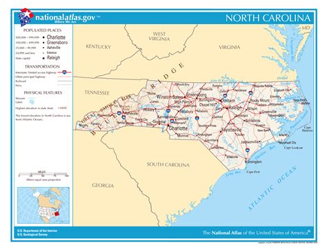 Map of the State of North Carolina, USA .